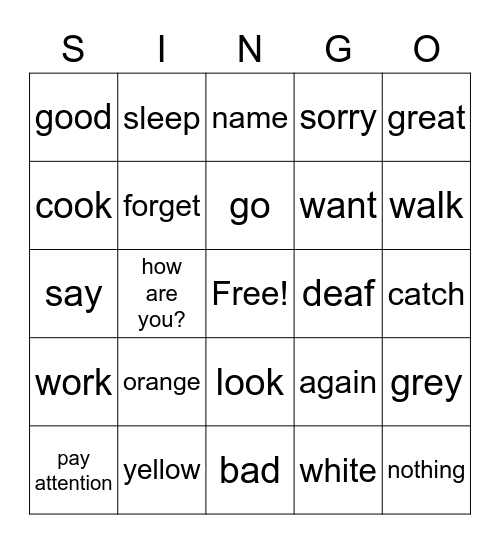 JTerm Sign Language Bingo Card