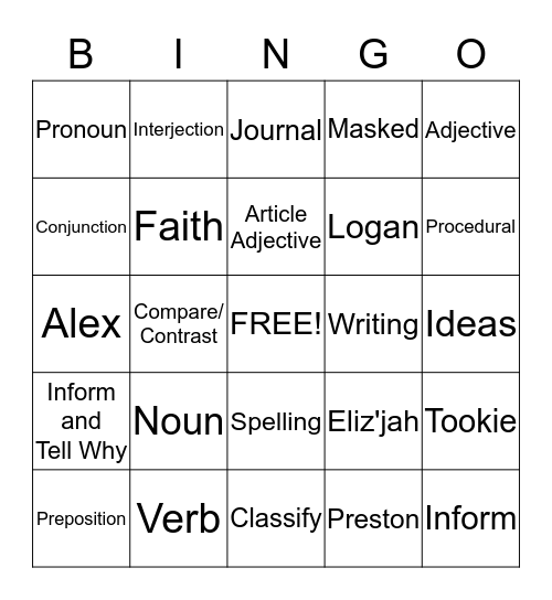 Writing Bingo Card