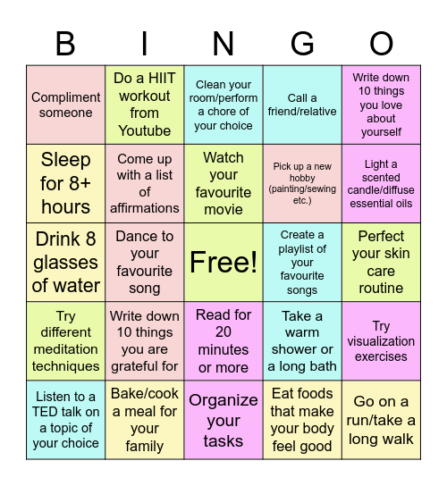 Healthy habits Bingo Card
