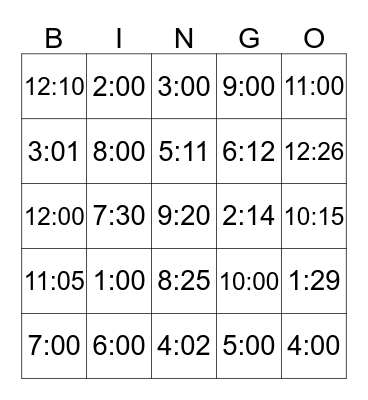Telling Time  Bingo Card