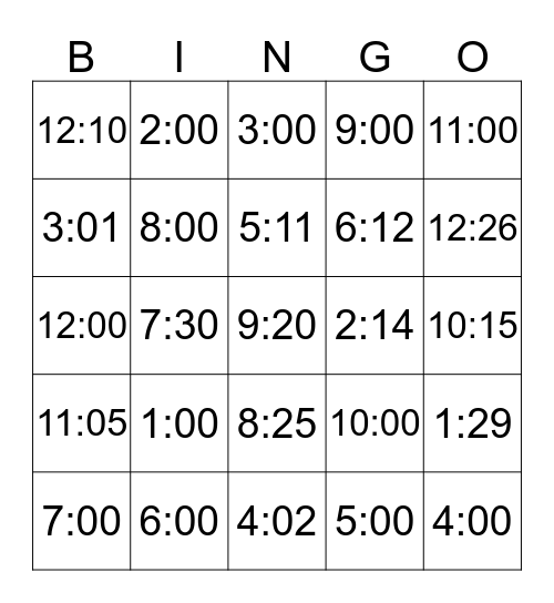 Telling Time  Bingo Card