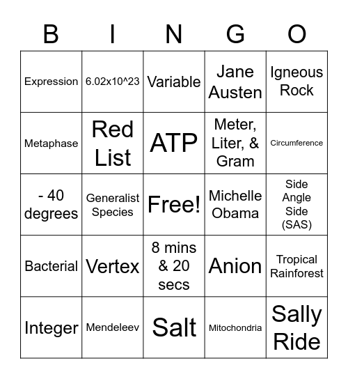 STEM (Girl Up) Bingo Card