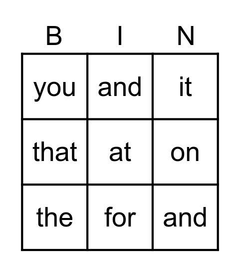 Sight Words Review Bingo Card