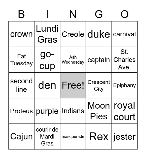 Mardi Gras Bingo Card