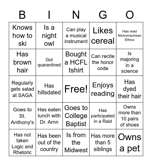 Hillsdale Bingo Card