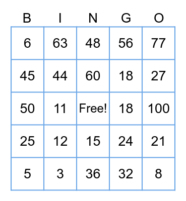 Multiplication Grade 3 Bingo Card