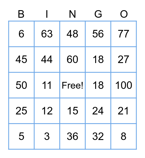 Multiplication Grade 3 Bingo Card