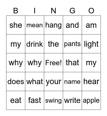 Sight words bingo Card