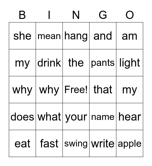Sight words bingo Card
