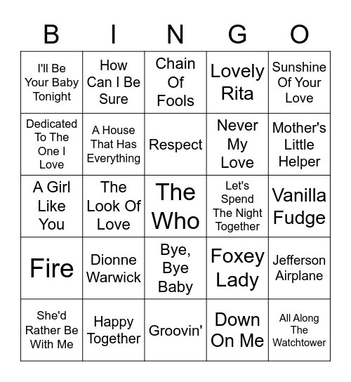 The Summer Of Love Bingo Card