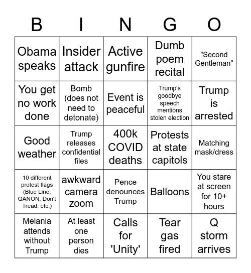 2021 Inauguration Bingo Card