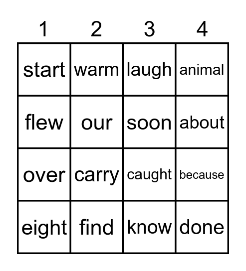 Sight Word Bingo Card