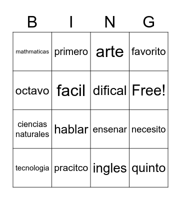 Spanish Bingo Card