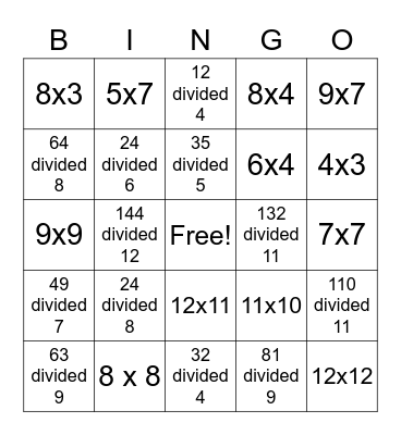 multiplication/division bingo Card