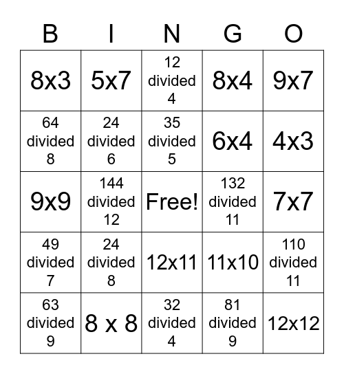 multiplication/division bingo Card