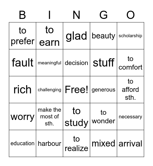 Unit 2 Vocab Bingo Card