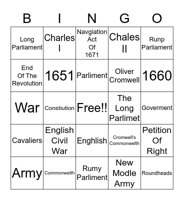 English Civil WAR Bingo Card
