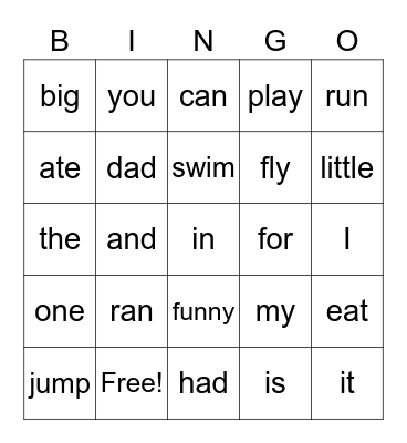 Sight Word Bingo Card