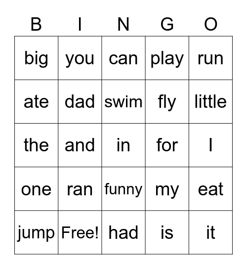 Sight Word Bingo Card