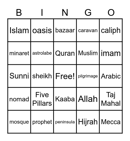 Islamic Empires Vocabo Bingo Card