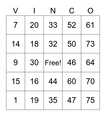 Latin Numbers Bingo! (Vinco!) Bingo Card