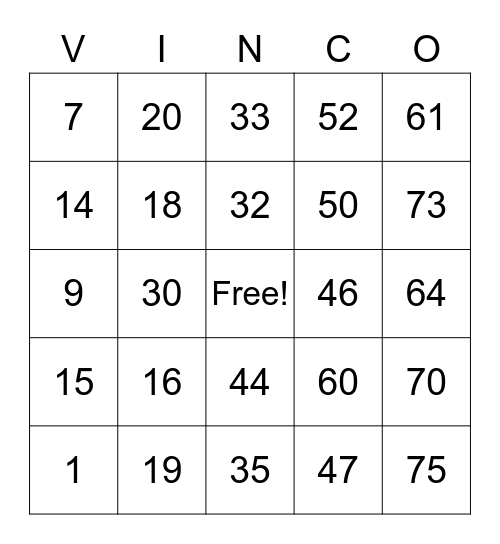 Latin Numbers Bingo! (Vinco!) Bingo Card