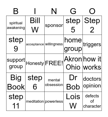 Recovery Bingo Card