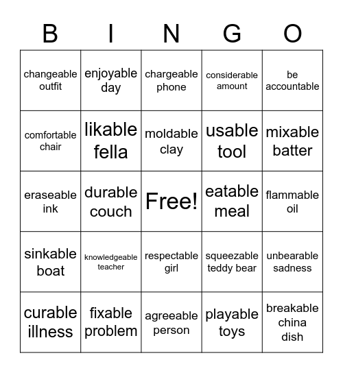 Suffix -able (able to do) Bingo Card