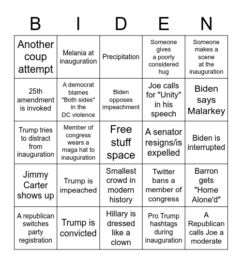 Inauguration Bingo Card