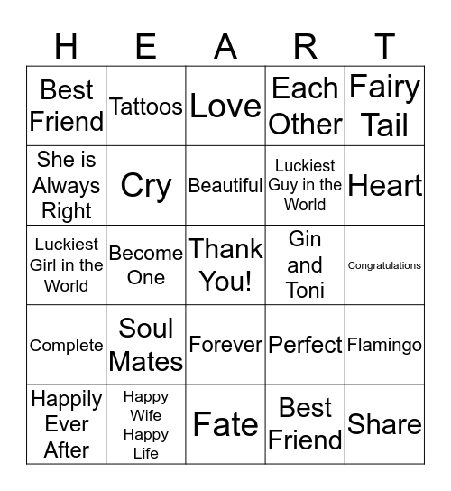 Wedding Speech Bingo Card