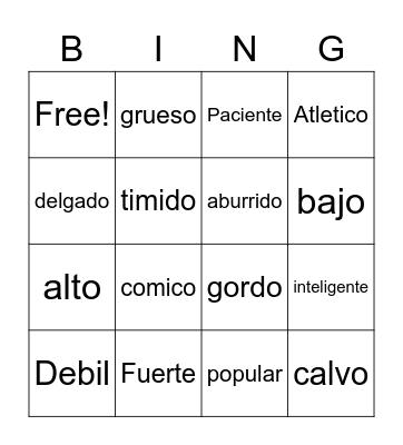 Spanish Words Bingo Card
