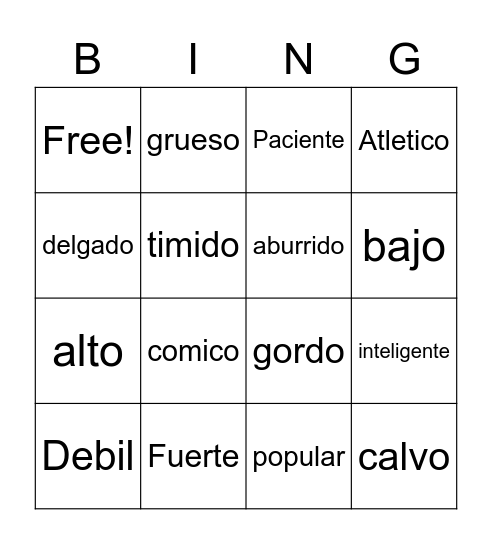 Spanish Words Bingo Card