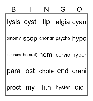 Medical Terminology Lesson 2 Bingo Card