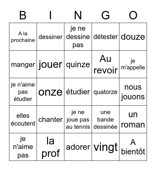 French 1, Part A Bingo Card