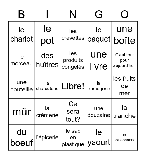 French 2 Bien Dit chapter 3 vocabulary 2 Bingo Card