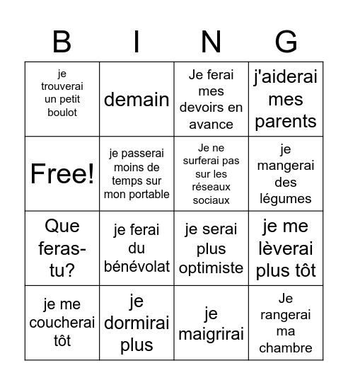 Mes résolutions ( futur simple) Bingo Card