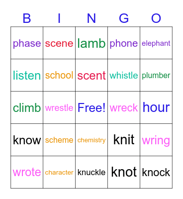 Silent Letter Patterns Bingo Card