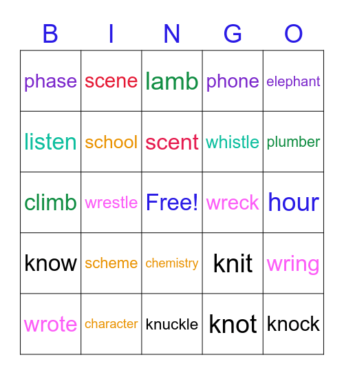 Silent Letter Patterns Bingo Card