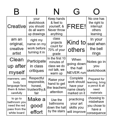 Art Roor Rules Bingo Card