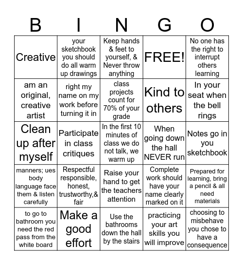 Art Roor Rules Bingo Card