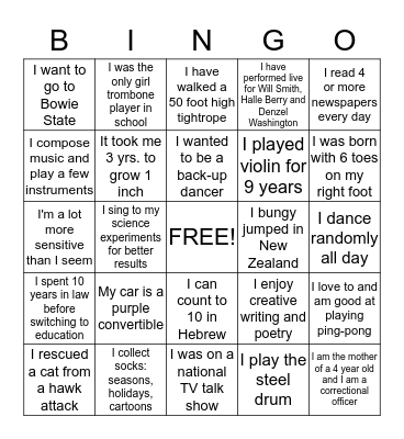 Fun Facts - MSC & JHU Bingo Card