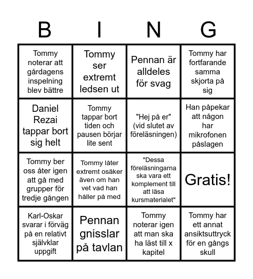 Tommy Bingo Card