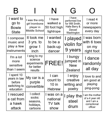 Fun Facts - MSC & JHU Bingo Card