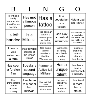 Diversity Bingo Card