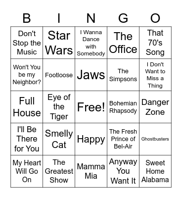 Songs from Movies/TV Bingo Card