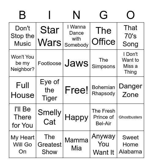 Songs from Movies/TV Bingo Card