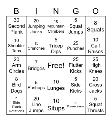 Fitness Bingo Card