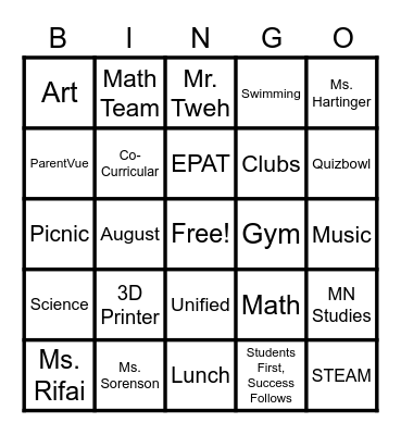 EW Parent Information Night Bingo Card