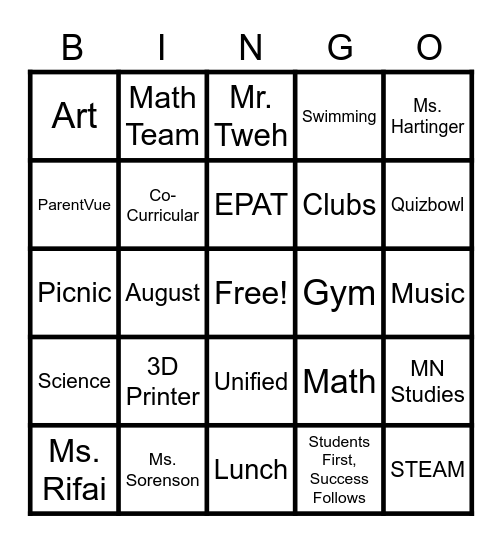 EW Parent Information Night Bingo Card