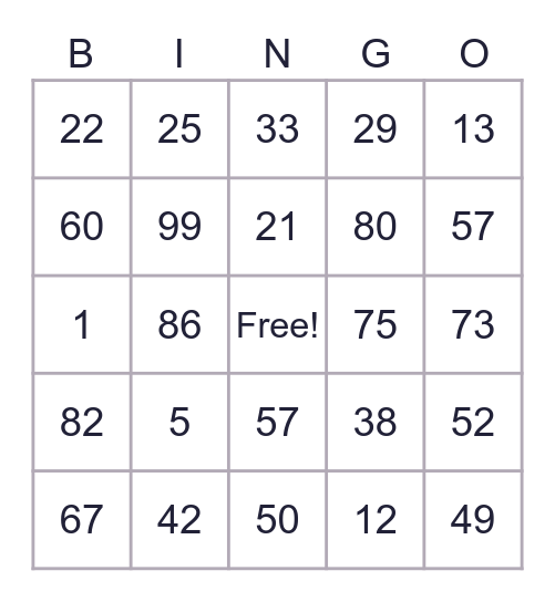 Sum and Difference Bingo Card